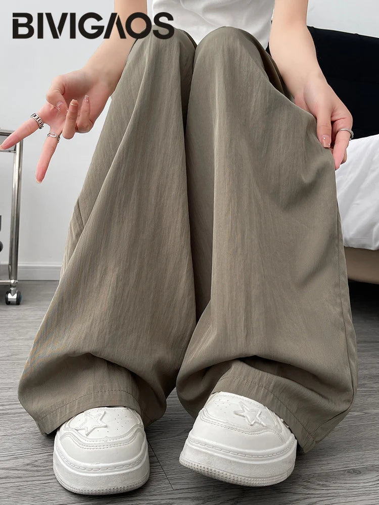 BIVIGAOS Lazy Style Loose Wide Leg Pants Women Summer Coloured Thin Casual Tide Straight Ice Silk Japanese Sunscreen Pants