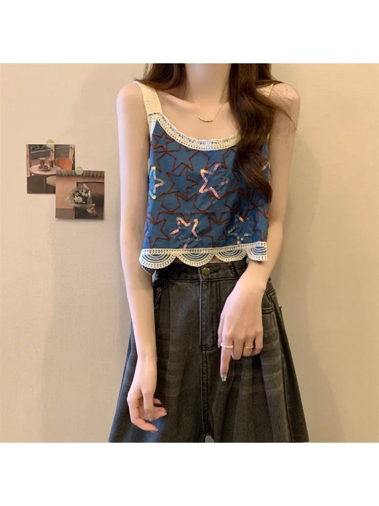 Star Embroidered Crochet Tank Top for Women Sleeveless Crop Camis Teen-girl Bohemian Spring Summer 2026 Festival Outfit