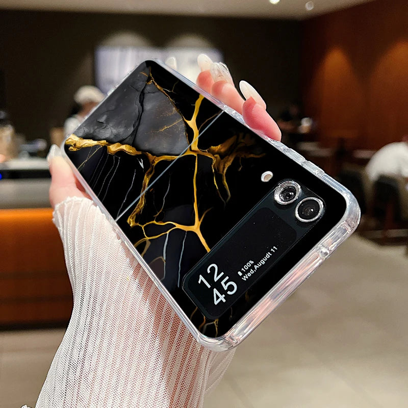 For Samsung Galaxy Z Flip 7 6 5 4 3 Case Watercolor Marble Pattern Hard Clear Folding Cover For Samsung Z Flip6 Flip5 Flip7