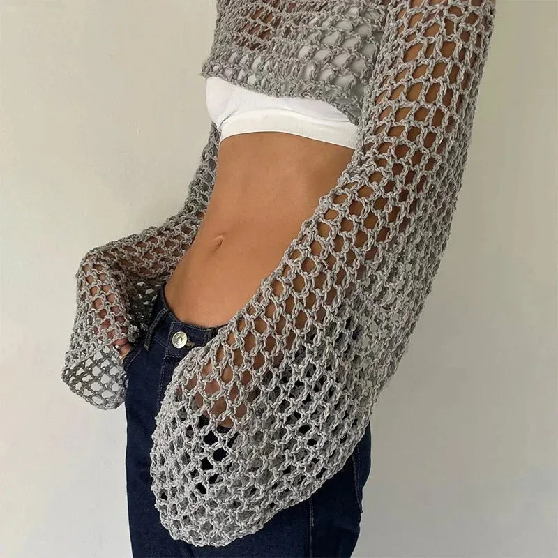 JOEVILU Cropped Knit Top Oversized Slimming Mesh Sunscreen Cover-Up Women's Thin Long Sleeve Breathable Sun Protection Blouses