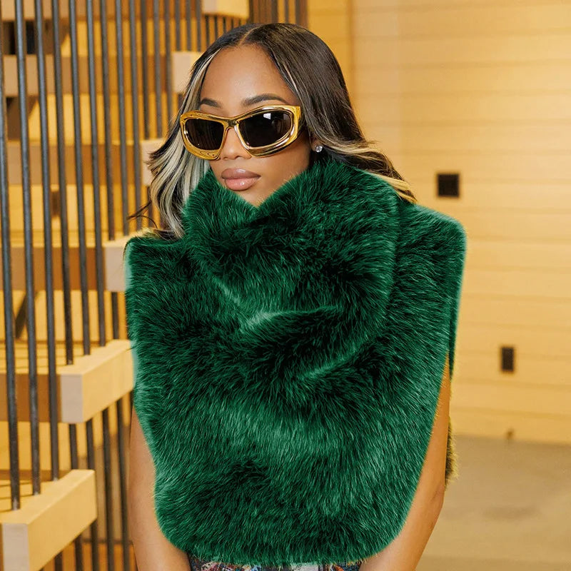 Turtleneck Furry Tank Tops Women Trend Sexy Side Split Chic Fall Trend Midnight Basic Street Furs Hipster Clubwear Vest Crop Top