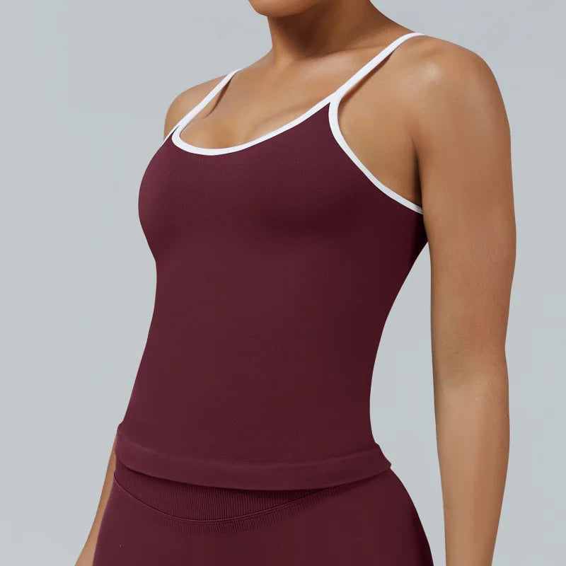 Women Color Blocking Gym Sports Short Tops Summer Yoga Fitness Sexy Backless Knit Camis with Chest Cushion Suspender