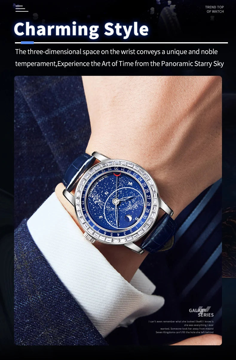 OLEVS 9923 Mens Watch Luxury Original Automatic Mechanical Watch Leather Strap Waterproof Luminous Starry Dial Watch For Men