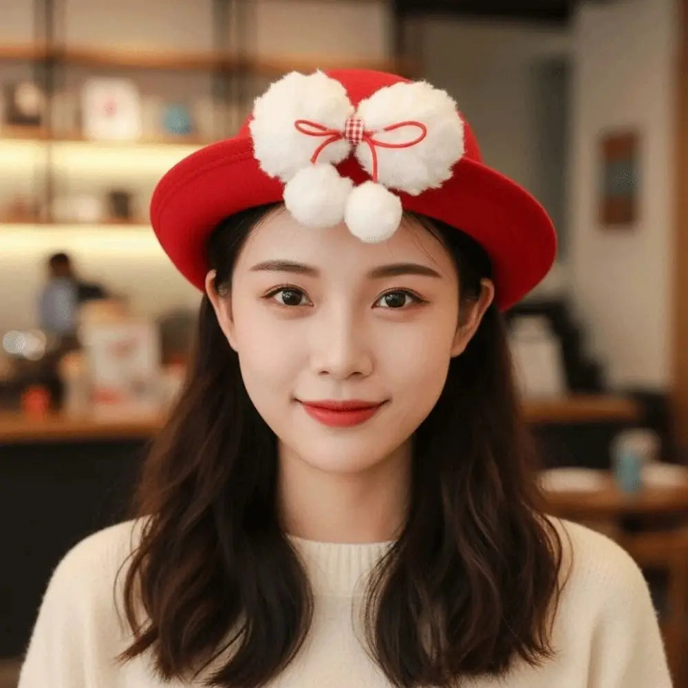 Top Hat Vintage Looking Red Bowler Hats Japanese Style Beret Woolen Bucket Cap Versatile Girls Dome Hat Winter