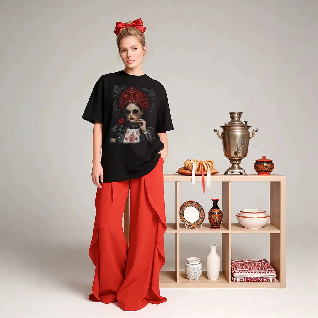 "Russian Girl" Graphic Oversized T-Shirt Modern Folk Art Print Soft Cotton Casual Tee Fashion Streetwear High Quality Summer Top