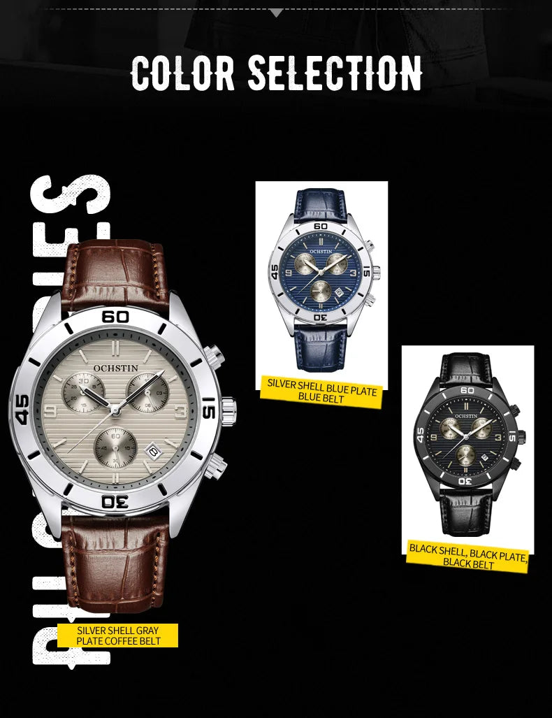 OCHSTIN Men's Watches Top Brand Sport Men Wrist Watch Leather Quartz Watch Sports Waterproof Male Clock Chronograph Function