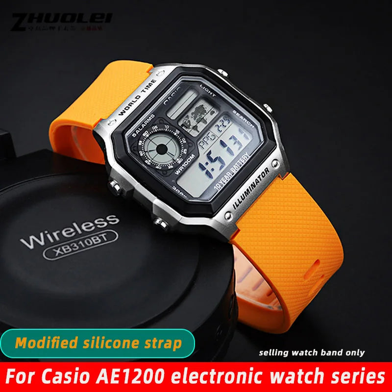 Soft Silicone Bracelet Suitable for Casio small block AE1200/1300 SGW400 AQ-150W modified silicone watch strap 18mm black orange