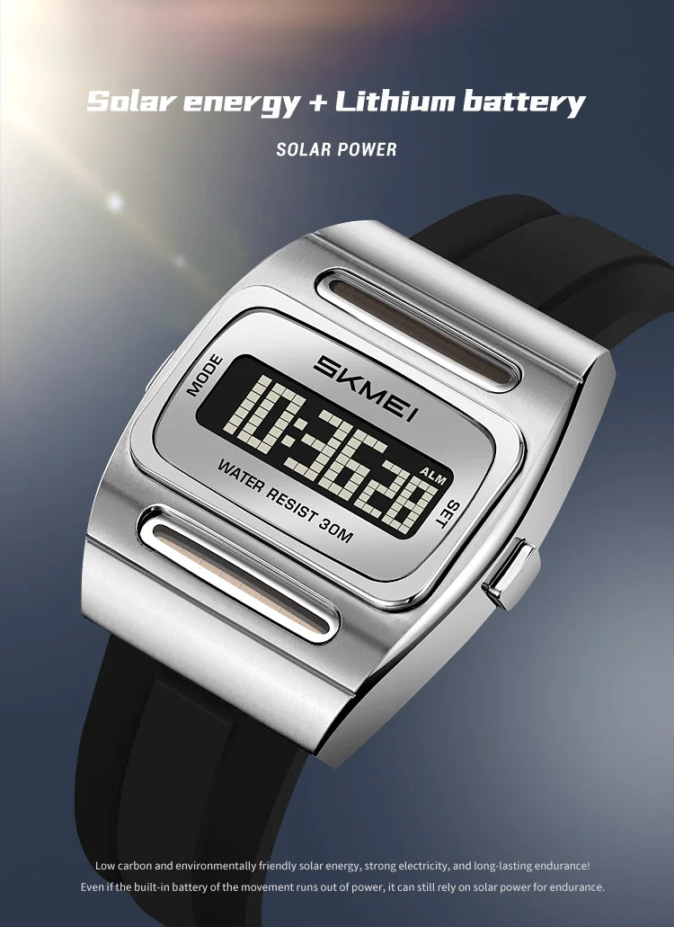 SKMEI 2563 New Solar Men's Digital Watch Silicone Strap Waterproof Multi functional Electronic Watch Alarm Clock reloj hombre