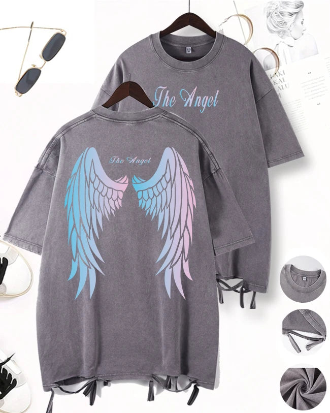 Gradient Wings Design Washed Holes T-Shirt Men Sport Cool Short Sleeve Breathable Cotton O-Neck Top Casual Unisex Loose Clothes