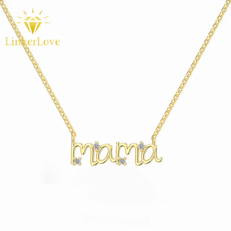 LinkerLove S925 Sterling Silver Mama Letter Pendant Necklace for Women 18K Gold Plated Mothers Day Party Trendy Jewelry Gifts