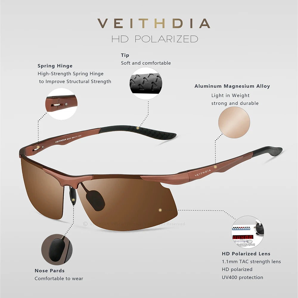 VEITHDIA Men Sunglasses Aluminum Magnesium Polarized UV400 Lens Rimless Driving Fishing Sun Glasses Sports Eyewear For Male 6535