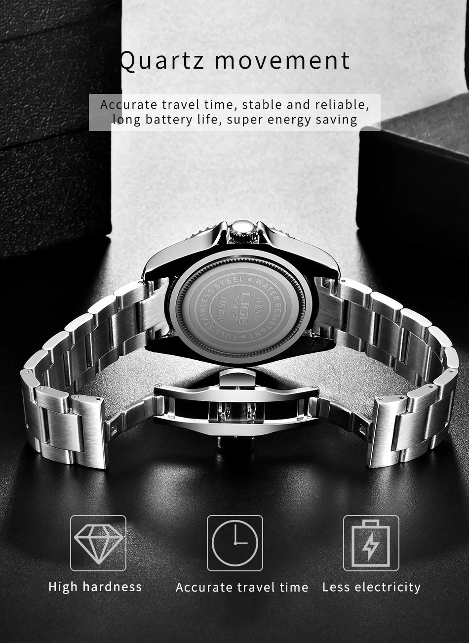 LIGE Top Brand Fashion Mens Watch Business Luxury Quartz Wristwatches Luminous Waterproof Steel Sports Watches Mens Gifts Reloj