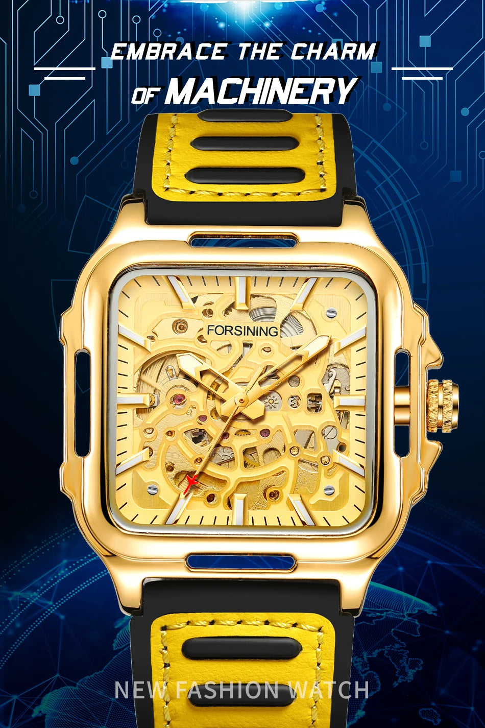 FORSINING Original Square Skeleton Mechanical Man Wristwatches Automatic Movement Field Sports Waterproof Silicone Replica Watch