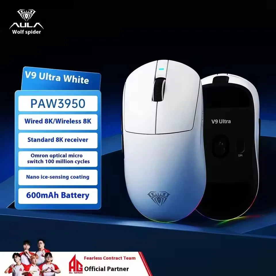 AULA V9 Ultra Wireless Mouse Tri Mode Wireless 8K Paw3950 Esports Gaming Lightweight Low Latency Mouse Custom for PC Accessories