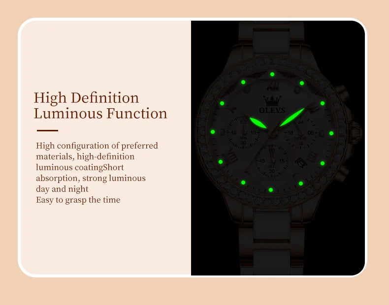 OLEVS Diamond Quartz Watch for Women Luxury Elegant Ceramics Strap Rhombic Mirror Ladies Wristwatch Waterproof Chronograph Clock