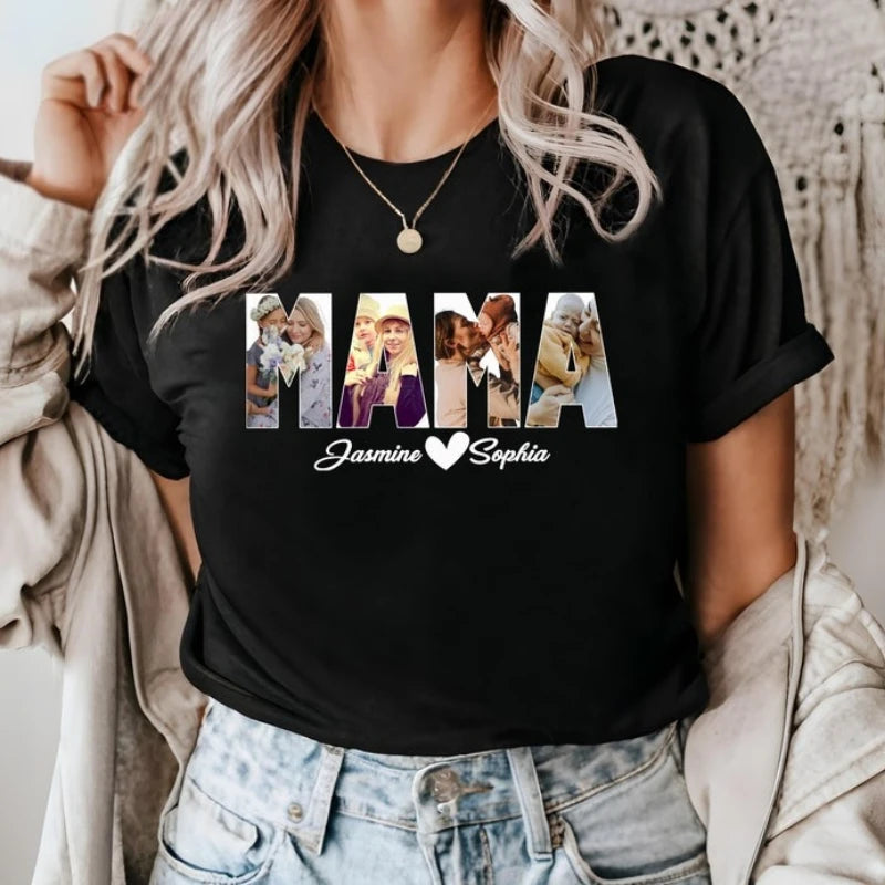 With Kids Name Custom Photo Mama Shirt Personalized Mothers Day Gift Best Mom Ever Birthday Fashion Casual Printed T-shirt Tops