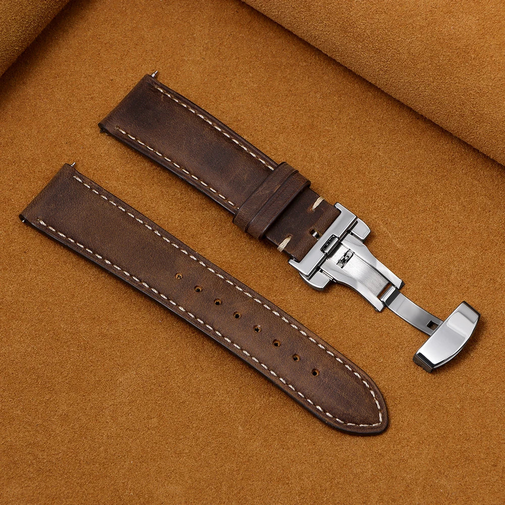 Genuine Calfskin Leather Watchband for Seiko for Omega Business Watch Band 14/16/18/20mm 22mm Butterfly Buckle Stitching Straps