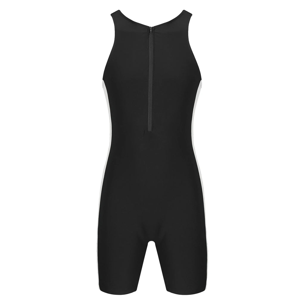 Mens Swimwear One-piece Wetsuit Swimming Bathing Suit Round Neck Sleeveless Side Shorts Bodysuit Triathlon Front Zipper Swimsuit