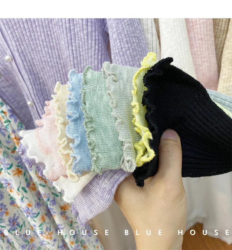 Women 2026 Spring Summer Short Pearl Button Thin Casual Coat Gentle Ruffle Trim Long Sleeve Ice Silk Sunscreen Knitted Cardigan