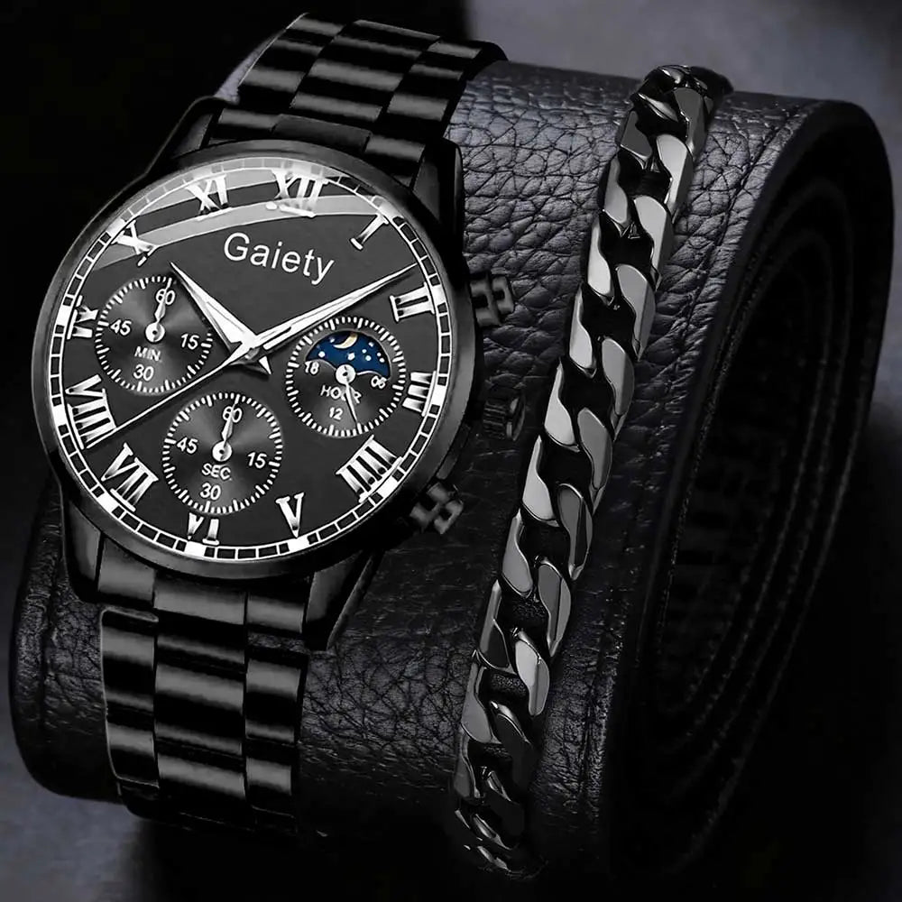 2/4PCS Men Watch Set Business Fashion Quartz Watch Bracelet Necklace Ring Set Suitable for Daily Clothing Matching Perfect Gift