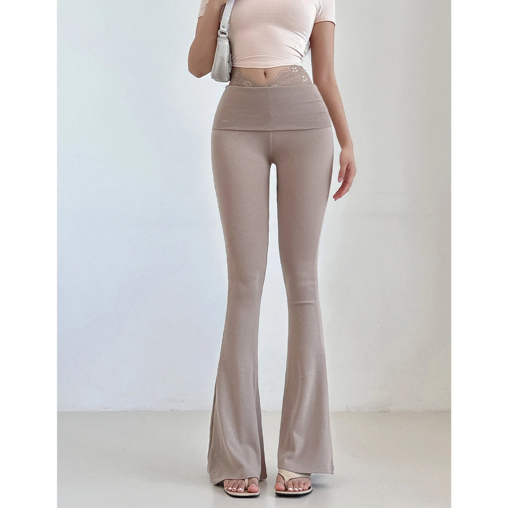 Pure Desire Lace Patchwork V-waist Slim Micro Flared Pants High Waist Slim Thin Long Pants For Summer Women Sweet Women ZRC7