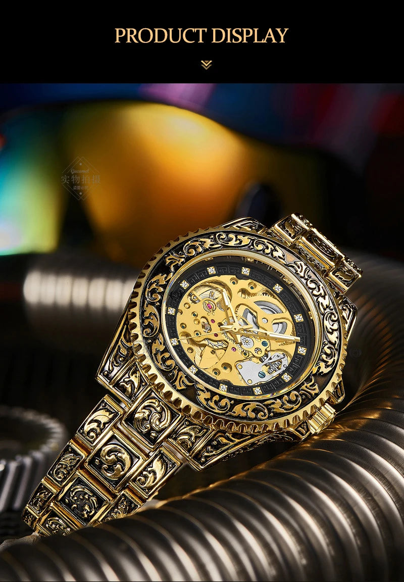 UTHAI M11 New Men watch hollowed out retro carved automatic mechanical watch cool clock gift，watches for man