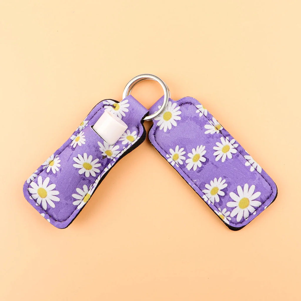 Flowers Clip On Lipstick Holder Keychain Daisy Print Simple Style Keyring Trendy Lip Balm Key Chain Bag Charms Accessories
