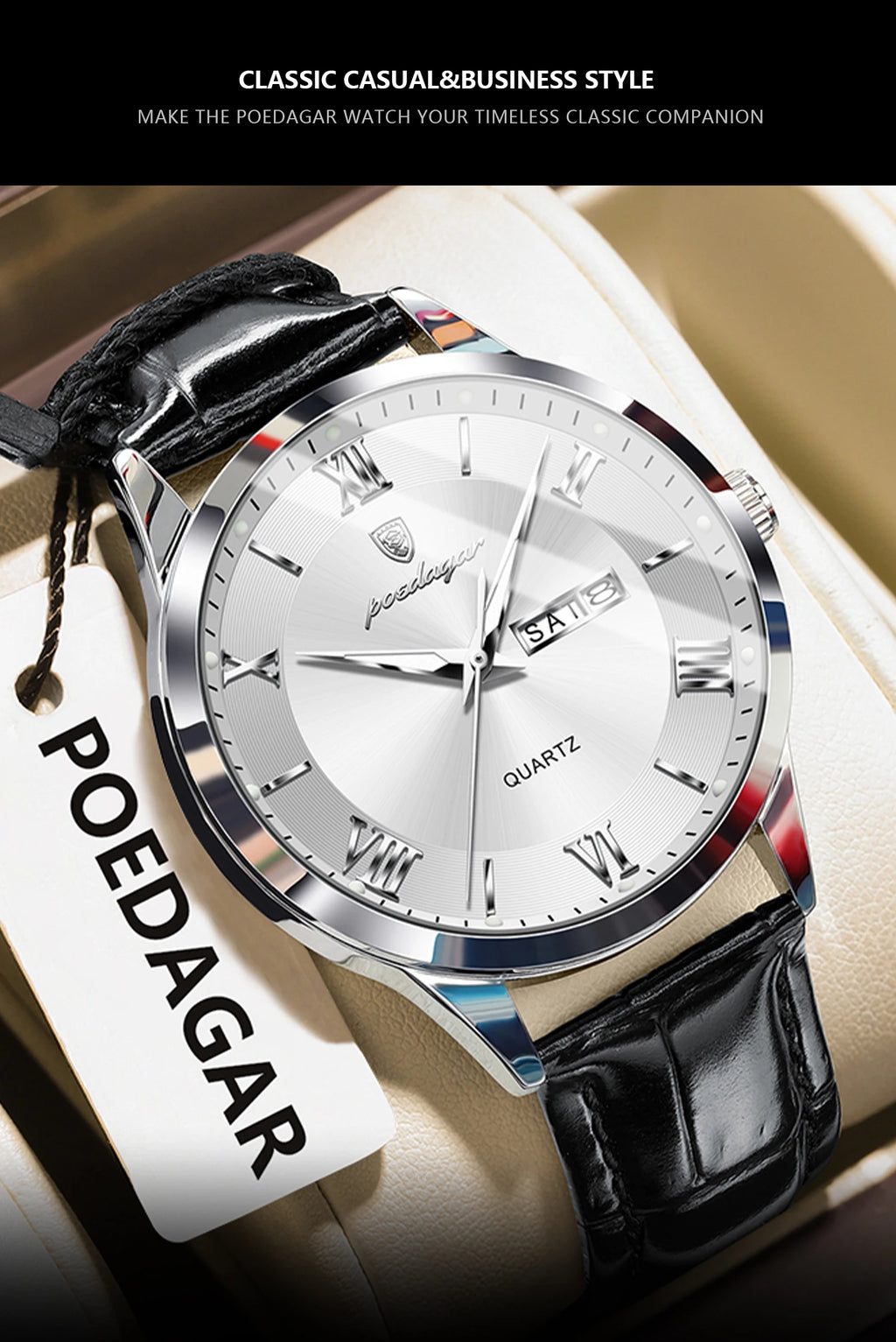 POEDAGAR Classic Luxury Men's Wristwatch Date Week Leather Business Man Watch Waterproof Luminous Fashion Quartz Watches For Men