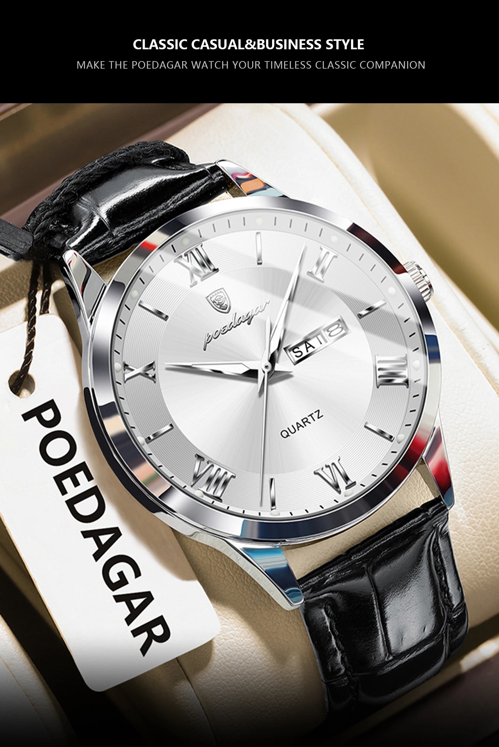 POEDAGAR Classic Luxury Men's Wristwatch Date Week Leather Business Man Watch Waterproof Luminous Fashion Quartz Watches For Men