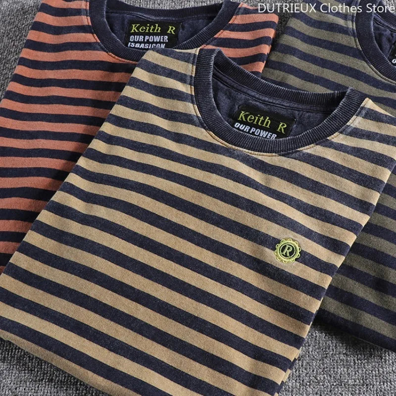 Retro and Aged Casual Short-sleeved T-shirt, High-quality Men's Striped Cotton T-shirt, Sweat-absorbing & Breathable Sports Top