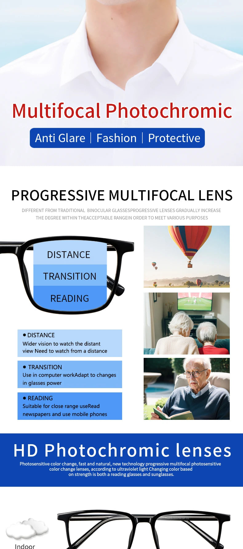 Photochromic Progressive Multifocus Computer Reading Glasses  Transition UV Sunglasses Anti Glare Sun Reader for Women Men