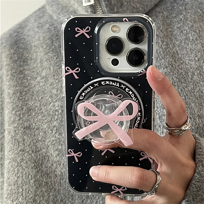 Korean Cute Black Bow For Magsafe Magnetic Phone Griptok Grip Tok  Stand For iPhone 15 14 13 Foldable Wireless Charging Holder