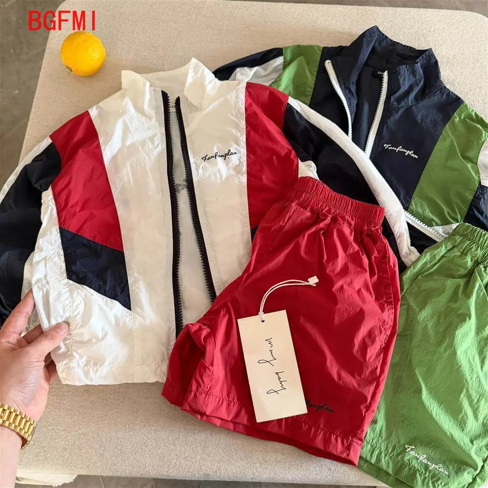Children's Set 2026 Summer Boys Girls Color blocked Sunscreen Coat+Baby and Children's Sports and Leisure Quick drying Shorts