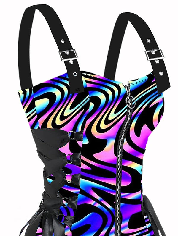 Dressfo 2025 Women's Dress Colorful Textured Graphic Print O-Ring Half Zipper Adjustable Buckle Shoulder Strap Sleeveless Dress