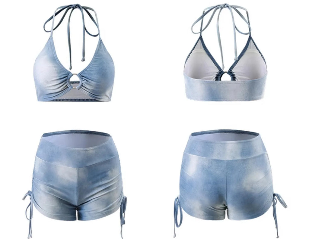 Vacation American Sexy Tie Dye Blue Sports Split Flat Angle Bikini Cover Three Piece Set Hot Spring Vacation Swimsuit for Women