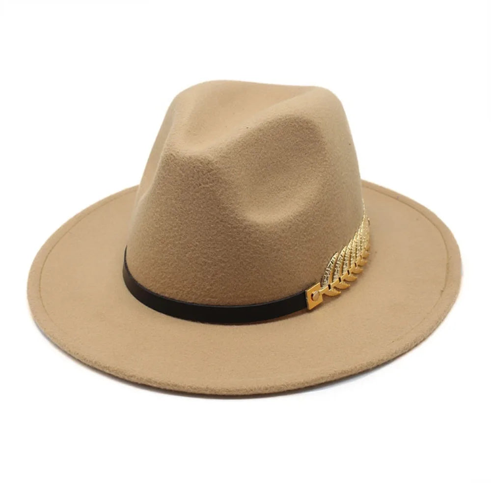 Large Brimmed Woolen Hats Formal Occasion Leaf Decoration Fedora Hat Performance Cap Casual British Vintage Hats Men Women