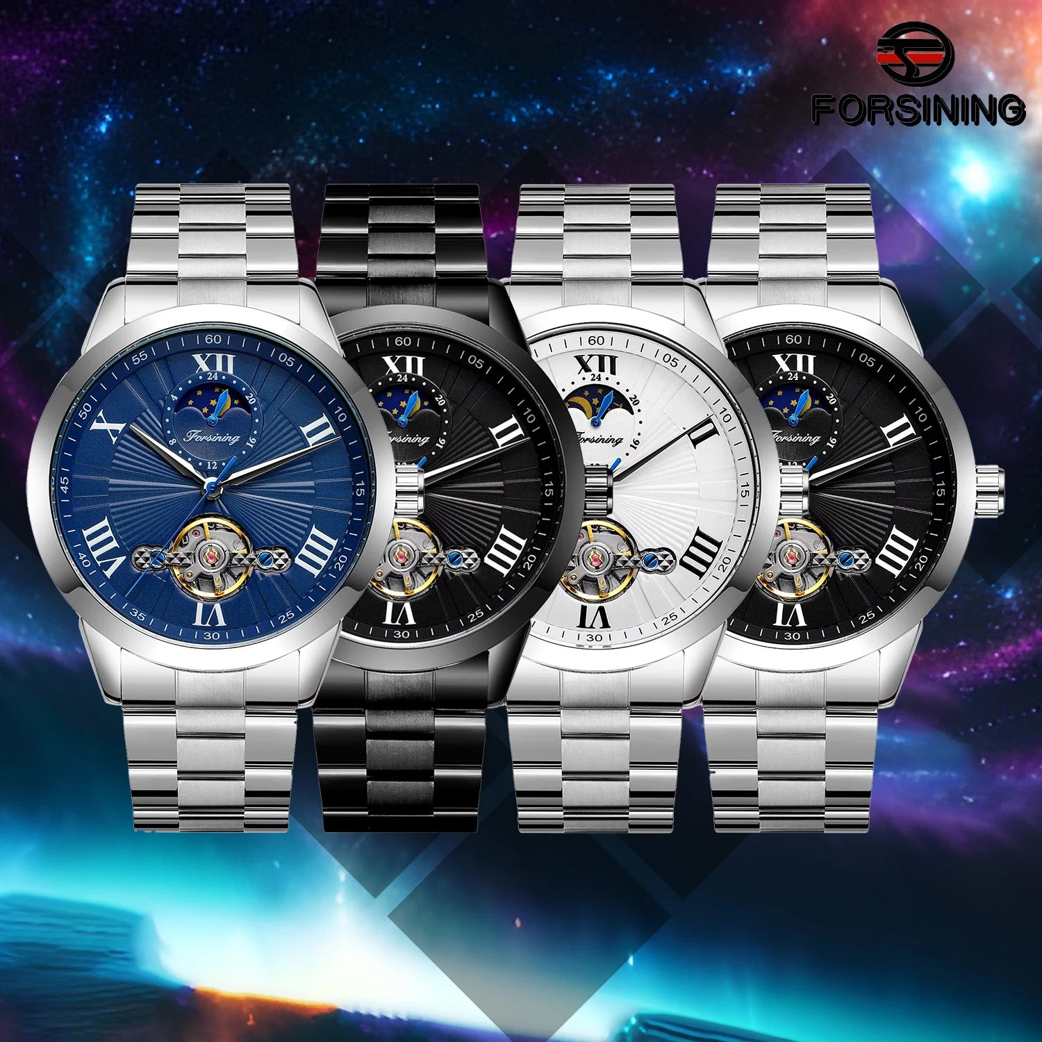 Forsining Men's Automatic Tourbillon Moon Phase Mechanical Watch Stainless Steel 3ATM Waterproof Luxury Design Business Style
