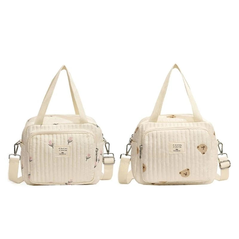 R6FD Lovely Baby Diaper Bag with Floral/Animal Embroidery, Fashionable Shoulder Bag Organiser Case Container for Busy Parents