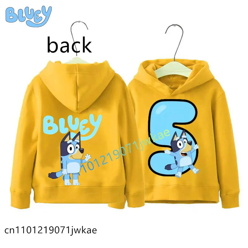Bluey Birthday Number Print Hoodie Kids 1-9Y Front Back Design Long Sleeve Sweatshirt Boys Girls Casual Tops Birthday Party Wear