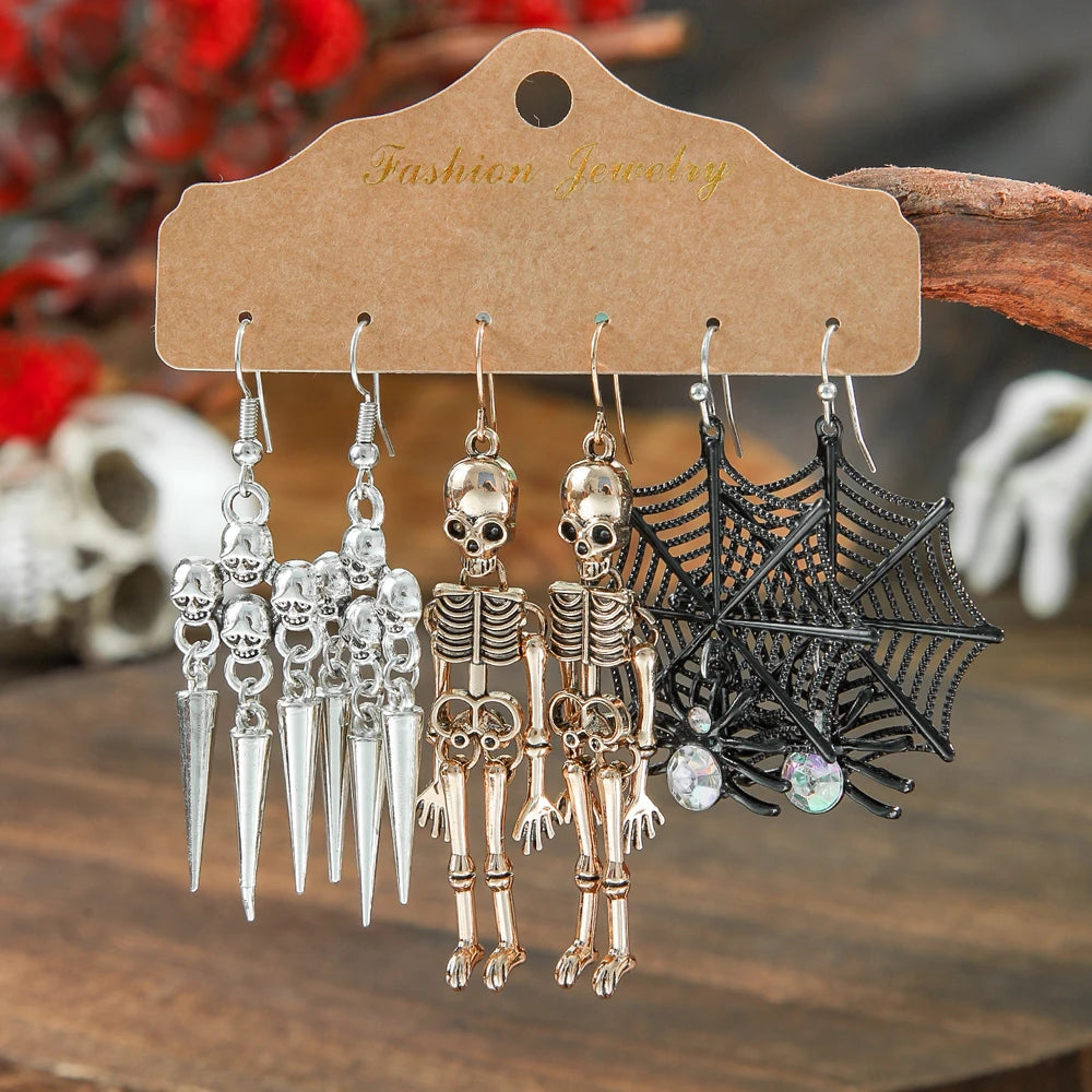 Halloween Dangle Earrings Set Creepy skull Face Mask Cobweb Imitation of Human Skeleton Creative Ear Jewelry Versatile Gifts