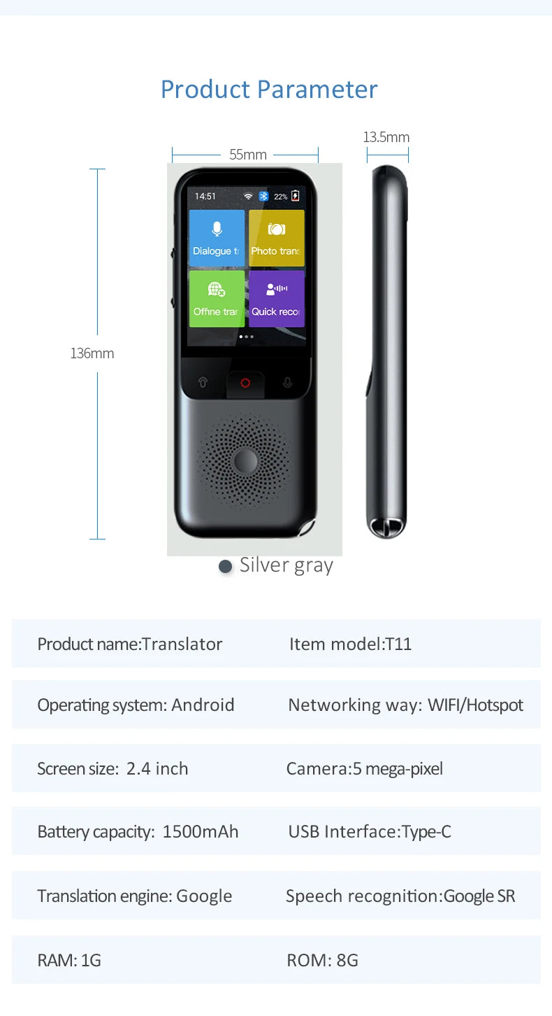 MSAI T11 Translator 138 Languages for Travel Real-time 17 Languages Offline Translation Photo 75 Languages 1500mAh 1+8GB