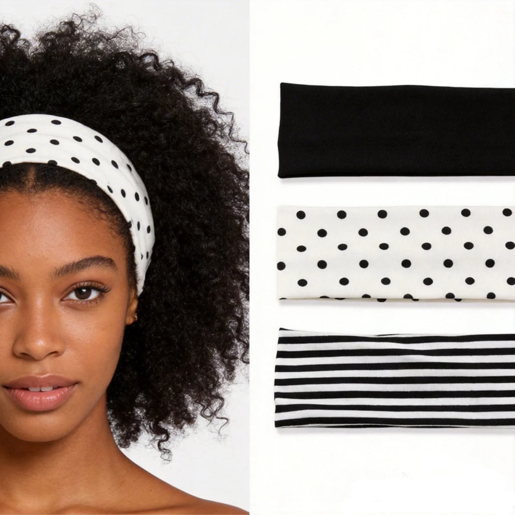 3Pcs Black & White Polka Dot Striped Elastic Headbands For Women Soft Stretchy Hair Accessory For Yoga Fitness Travel Daily Life