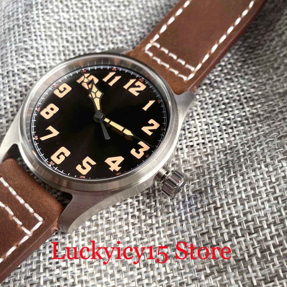 Tandorio Automatic Pilot Watch 39MM 20ATM NH35/PT5000 Movement Wristwatch Leather Strap Sapphire Green Lume Vintage Black Dial
