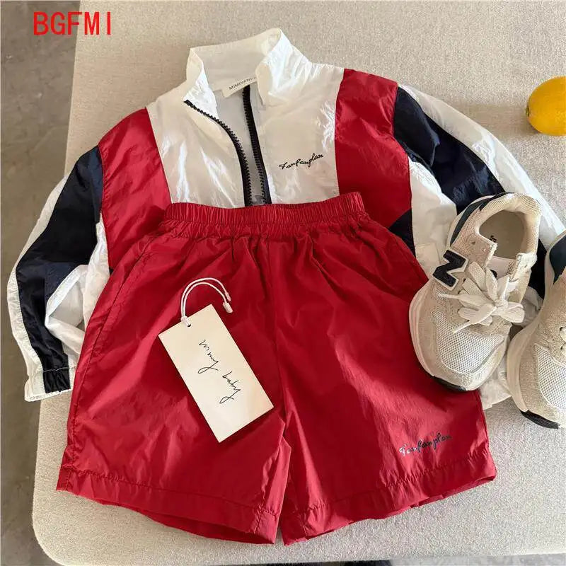 Children's Set 2026 Summer Boys Girls Color blocked Sunscreen Coat+Baby and Children's Sports and Leisure Quick drying Shorts