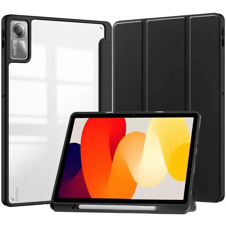 Tri-Folding Flip Tablet Cover For Xiaomi Redmi Pad SE 11 inch 2023 Acylic Transparent Back Case Pencil Holder Auto Sleep/Wake