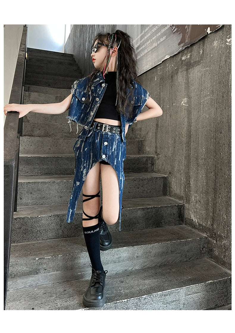 junior Girls Street Jazz Dance Set short denim vest jacket+Irregular skirt black top shorts belt teen girls clothes suit outfits