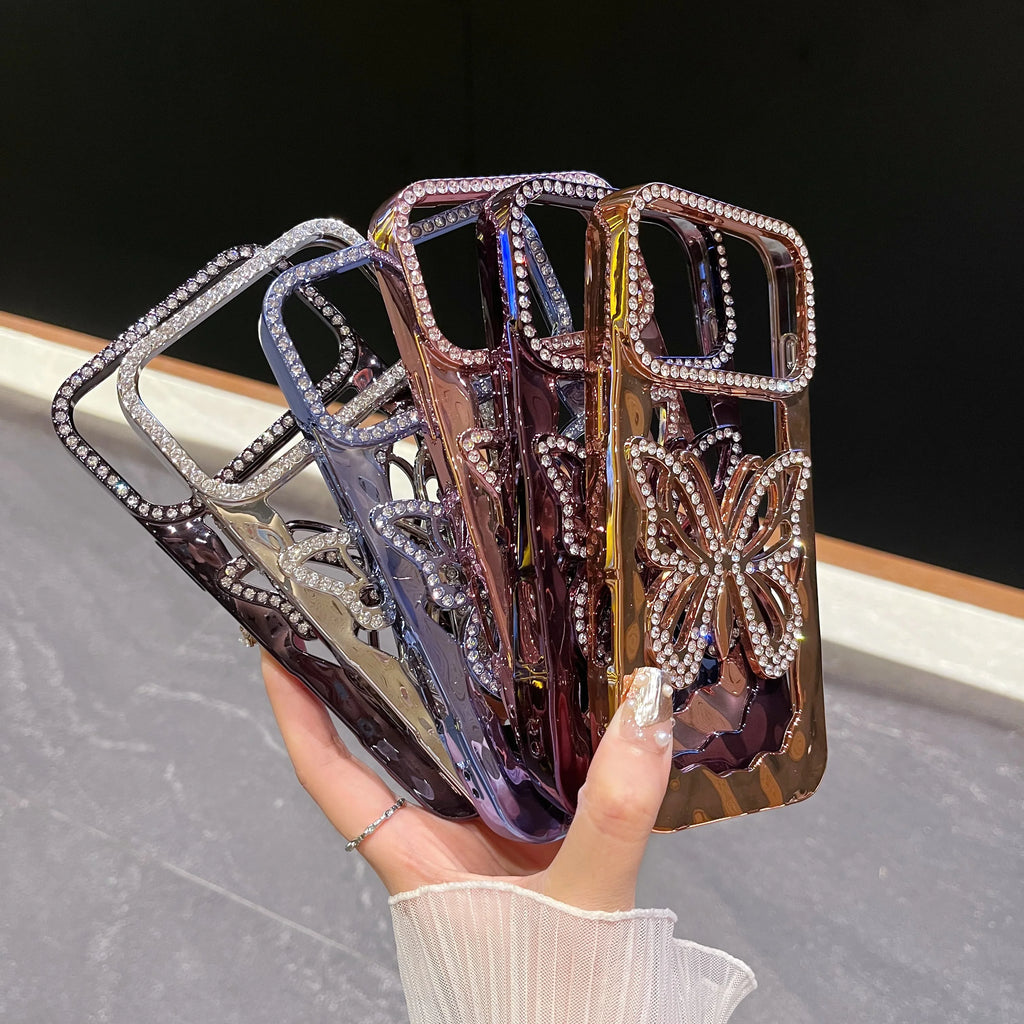 Bling Diamond Hollow Butterfly Phone Case For iPhone 17 Air 16 15 14 Plus 13 12 11 Pro Max Plating Glitter Shockproof Soft Cover