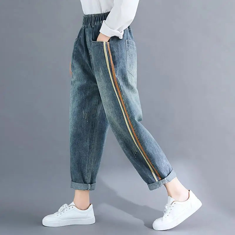 Light Blue Baggy Harem Jeans Mom Elegant Casual Elastic Waist 86-90cm Capris Denim Pants Korean Fashion Chic Cowboy Pantalones