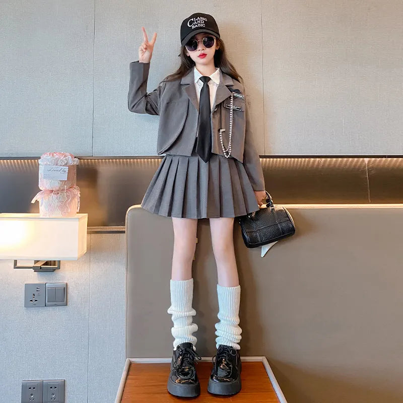 Junior Girl JK School Uniform Set Unique Formal Chain Smart Jackets and Pleated Skirt 2Pcs School Kids Child Uniform Blazer Suit