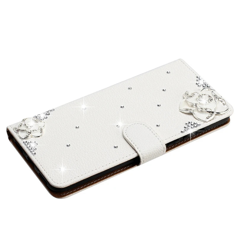 Flash Drill Small Flower Wallet Luxury Glitter Case For iPhone 17 ProMax Air 16 E Pro 15 14 Plus 13 12 Mini 11 Pro Max Cover